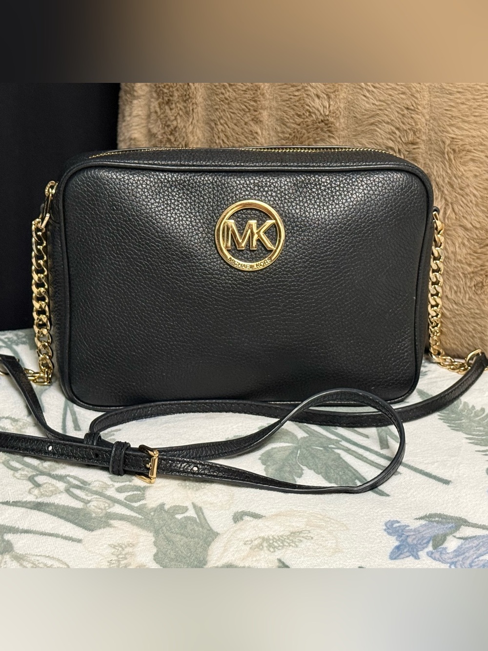 Michael Kors Fulton Large Pebbled Leather Camera Crossbody Bag Gold MK emblem